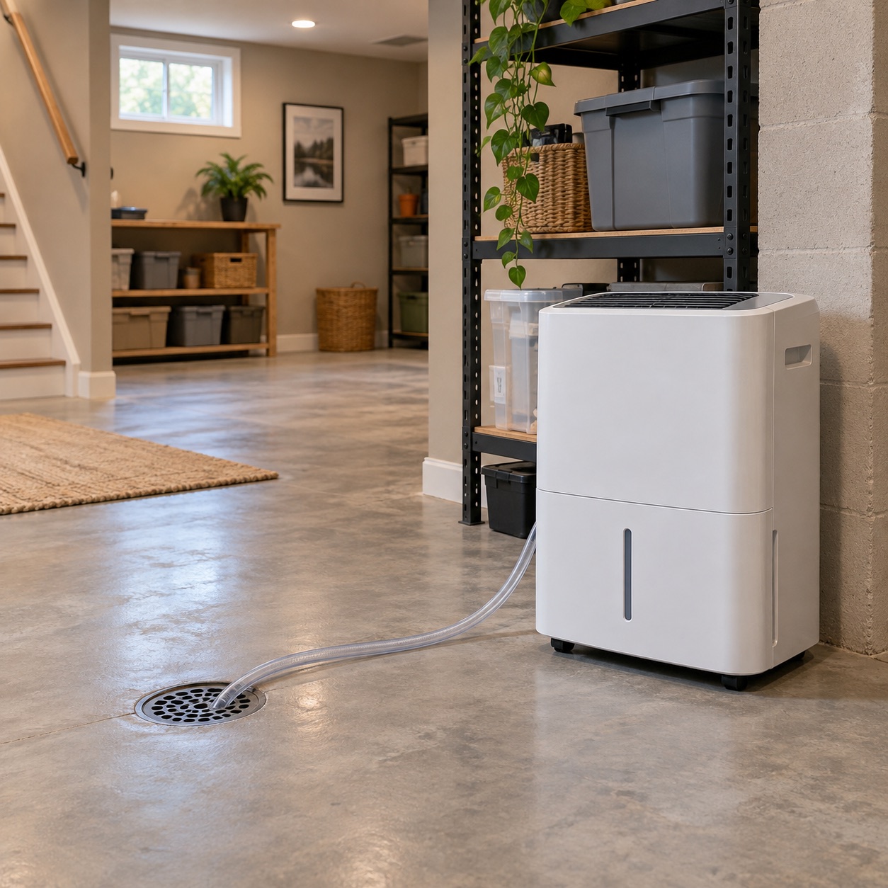 Large-room air appliance positioned near a basement drainage area