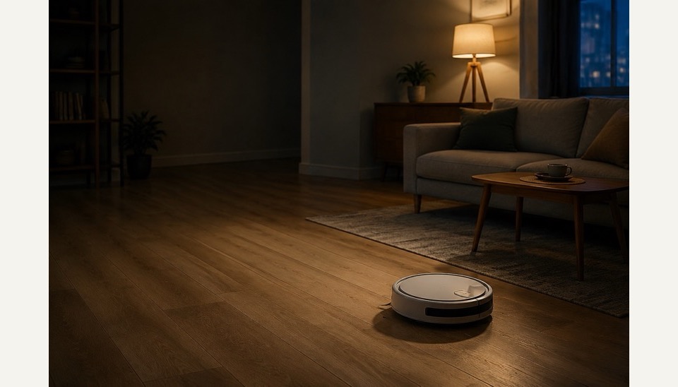 A robot vacuum cleaning quietly in an apartment living room at night