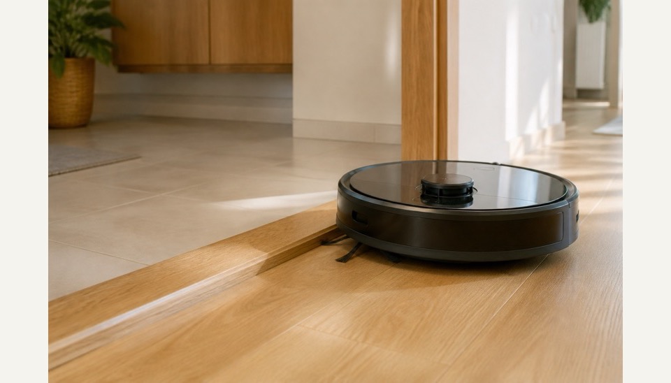 A robot vacuum crossing a small floor threshold between rooms