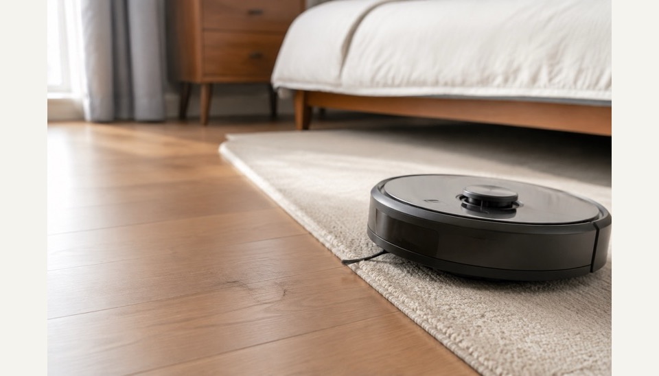 A robot vacuum working along the edge of a thick carpet
