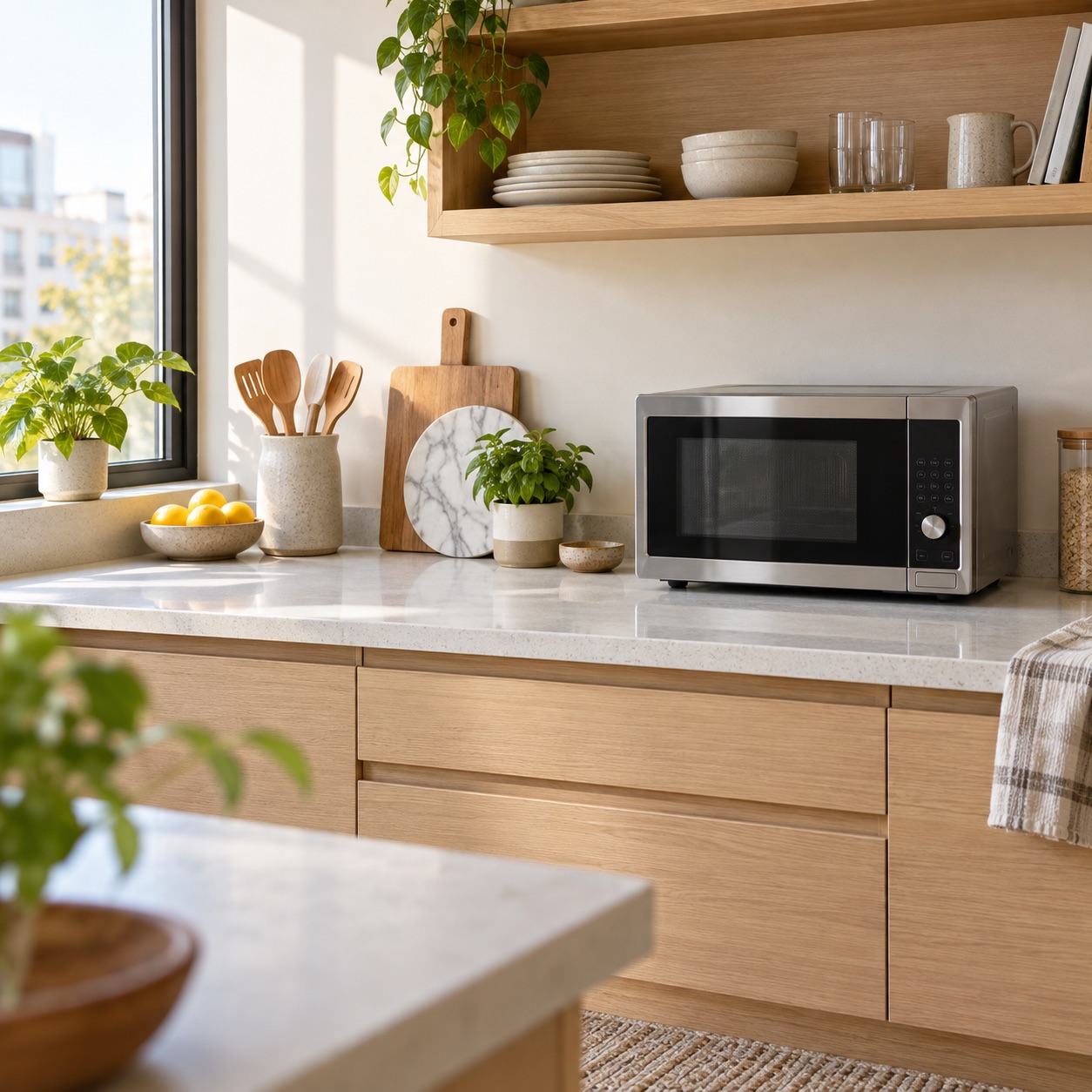 Countertop kitchen appliance beside a compact prep area