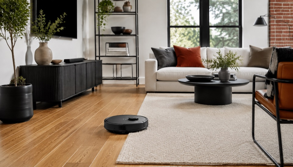 A robot vacuum moving between a rug and hard floor in a living room