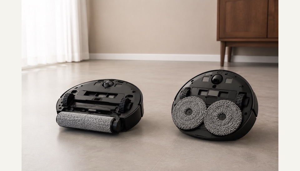 A robot vacuum and mop positioned across hardwood and carpet