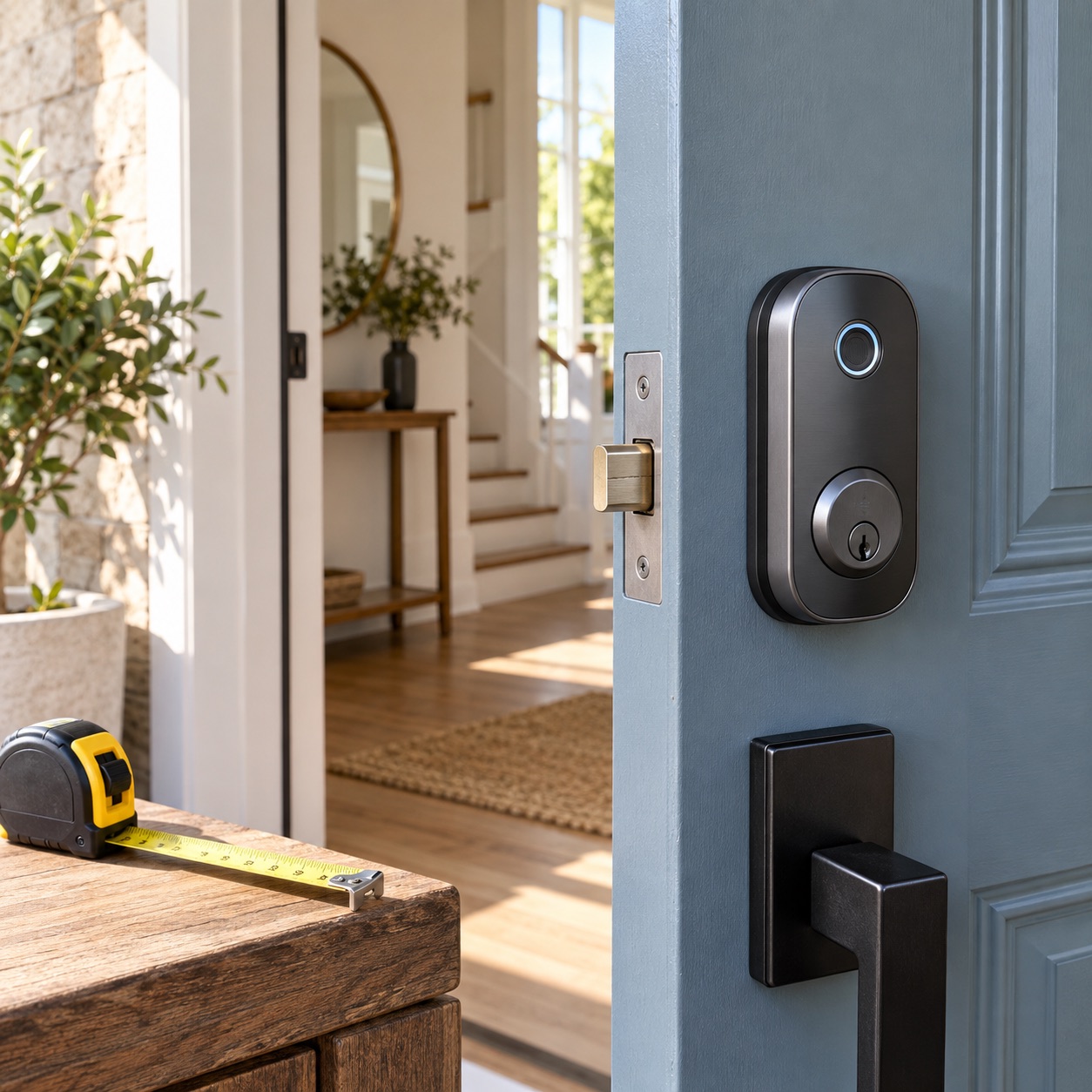 Smart lock installation planning at a front door