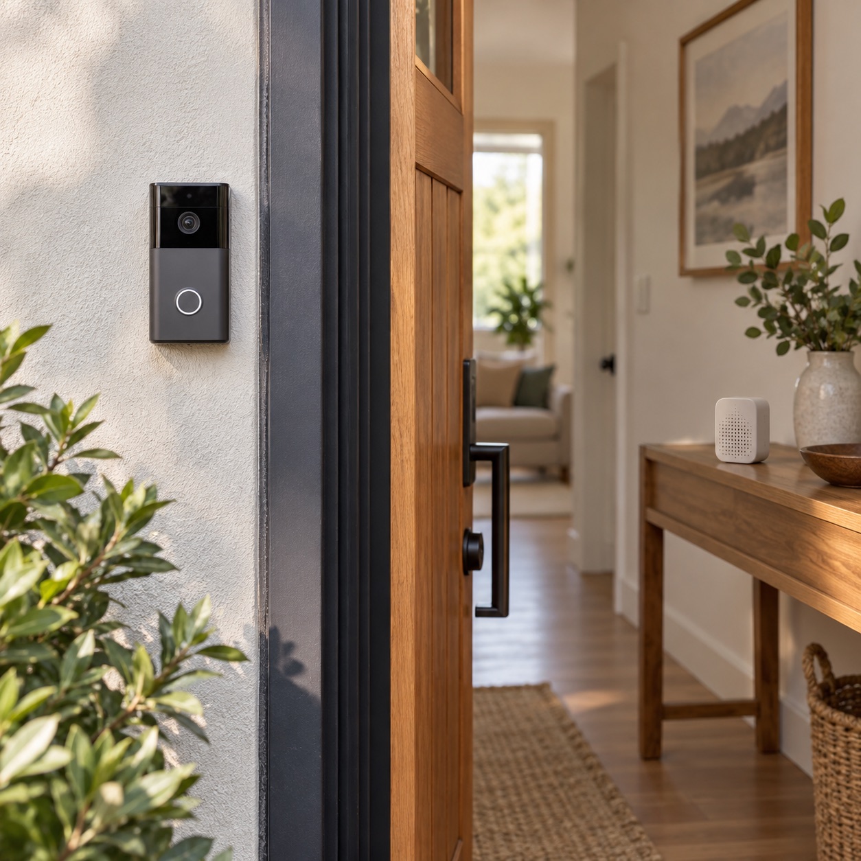 Editorial illustration: Video doorbell and indoor chime placement at a front entry