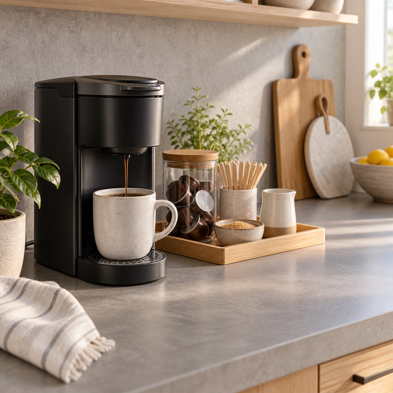 Editorial illustration: Compact countertop drink maker in a small kitchen setup