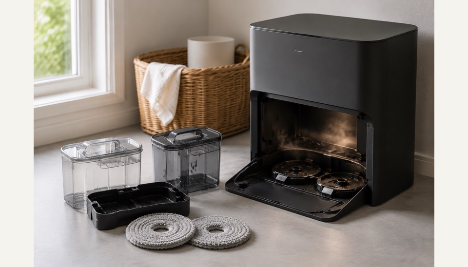 A robot vacuum mop dock in a clean utility area