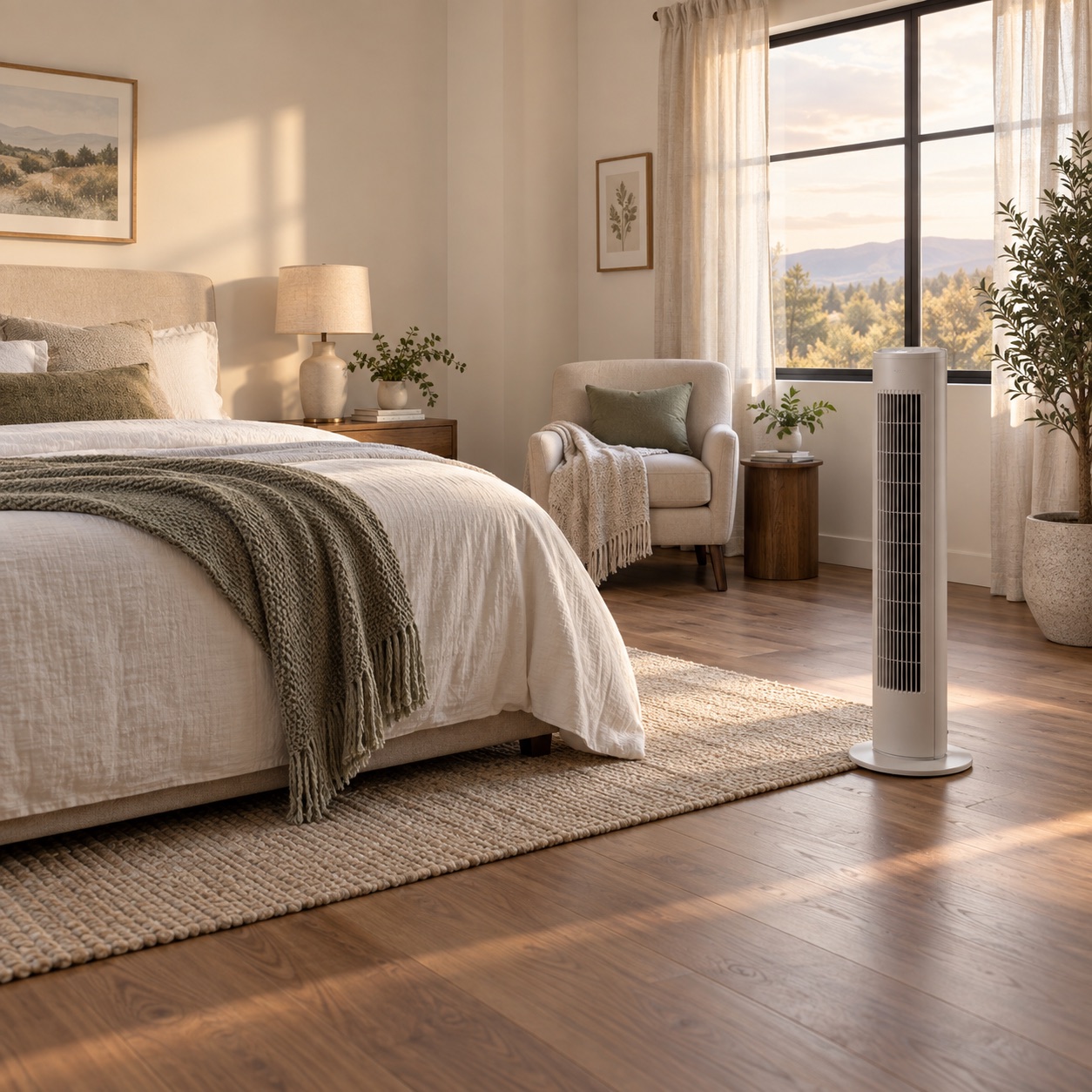 Compact fan placed beside a bed in a softly lit bedroom