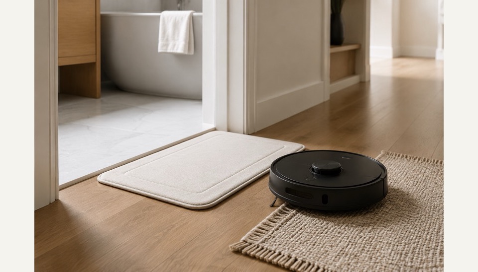 A robot vacuum approaching a bath mat and fringed rug