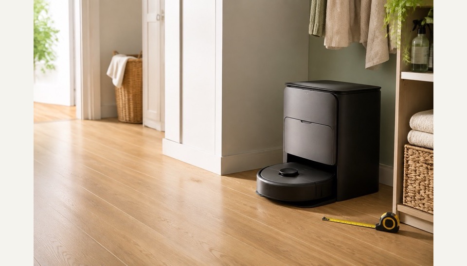 A robot vacuum dock placed in an uncluttered hallway
