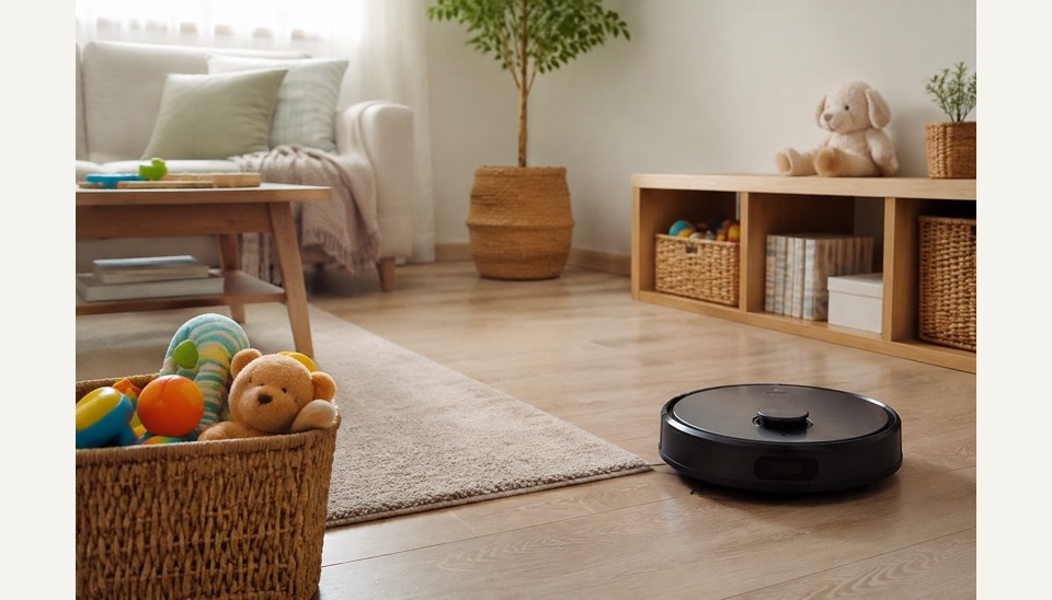 A robot vacuum navigating around everyday floor obstacles