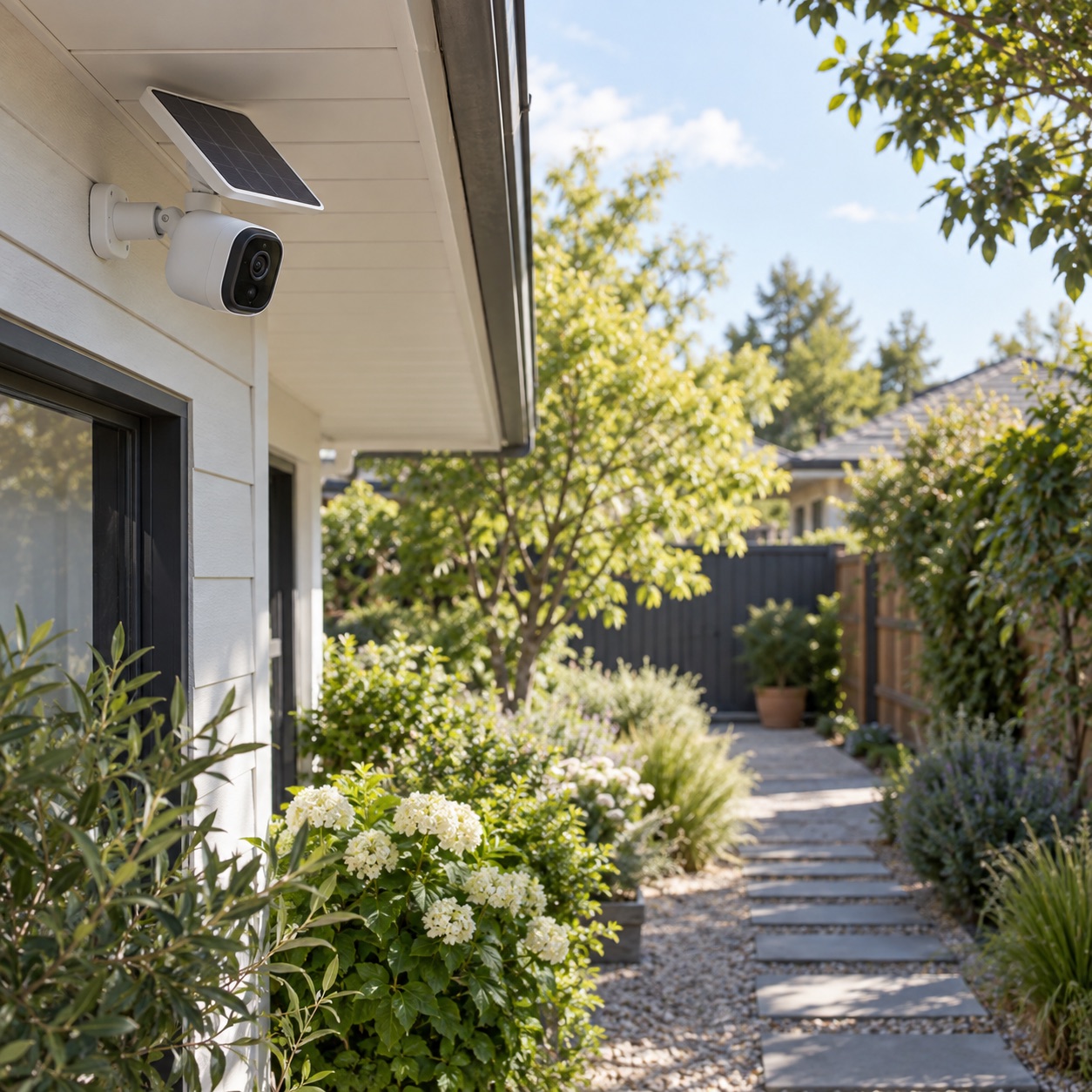 Outdoor security camera mounted near a home entry and garden path