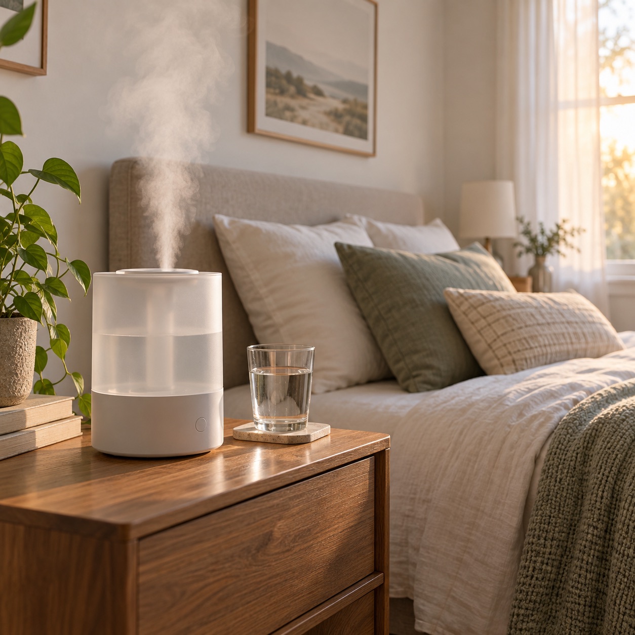 Editorial illustration: Humidifier on a bedroom table with clear space for refilling