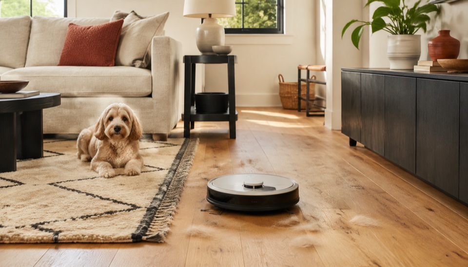 Robot vacuum collecting pet hair beside a rug in a bright living room
